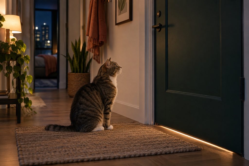 Indoor cat sitting by a closed apartment door at night