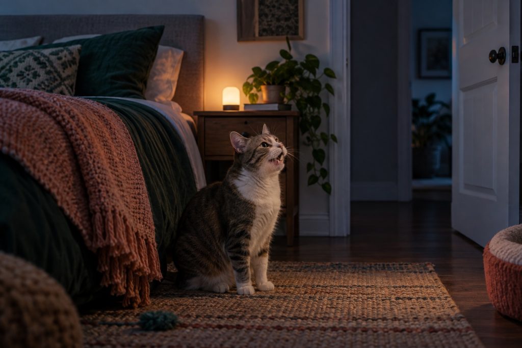Cat meowing calmly in a bedroom after lights out
