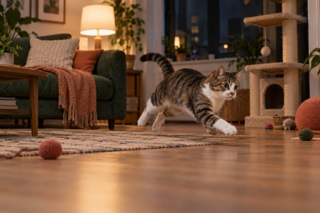 Indoor cat running playfully through an apartment at night