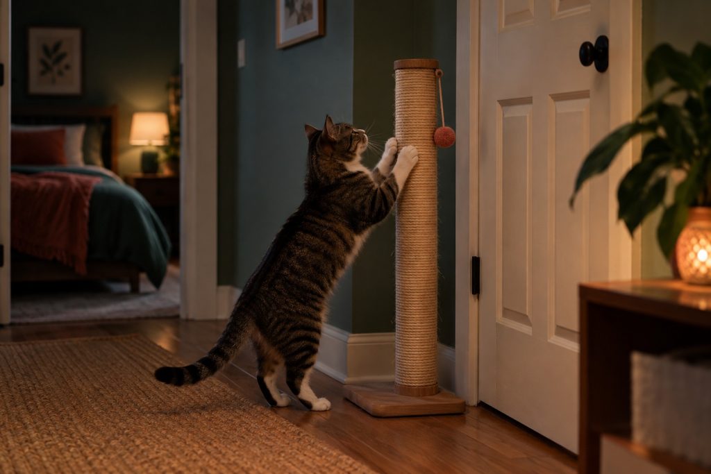 Cat using a scratching post beside a closed bedroom door