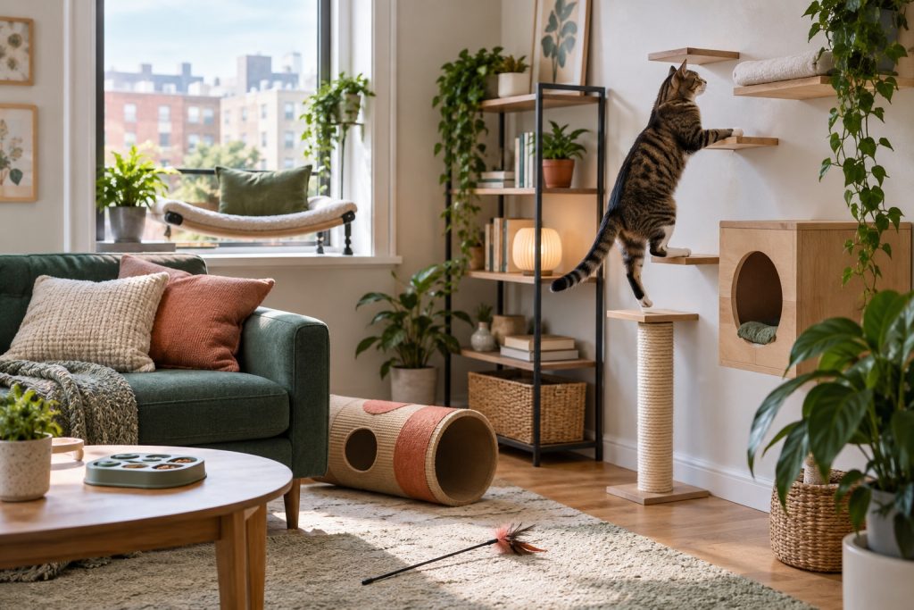 Indoor cat climbing a renter-friendly activity wall in a small apartment