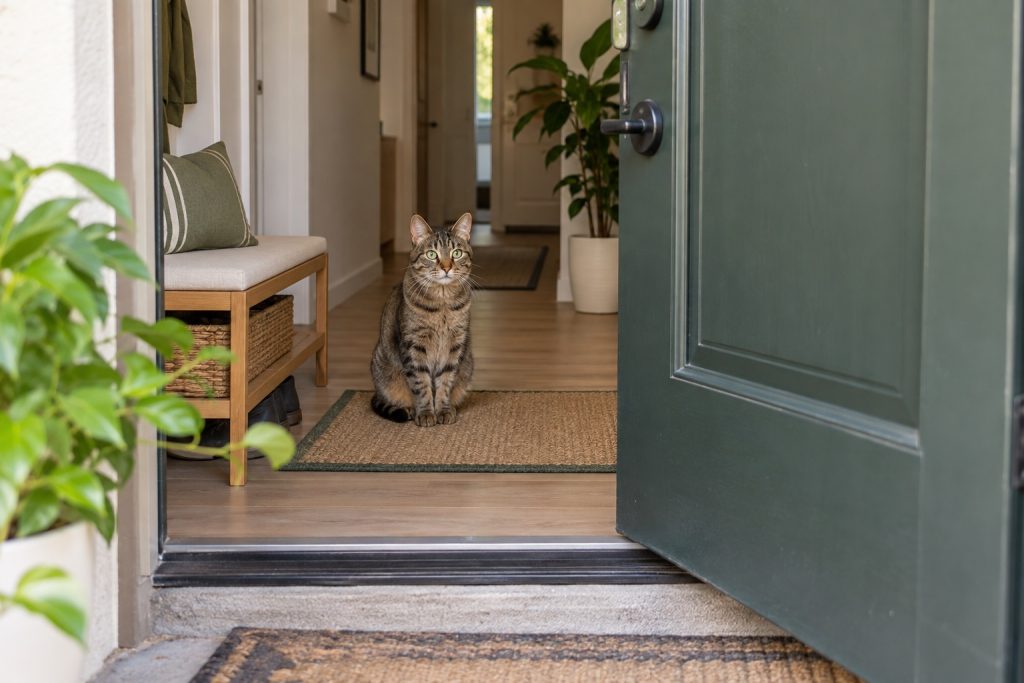 Indoor cat waiting on a mat behind an open apartment front door
